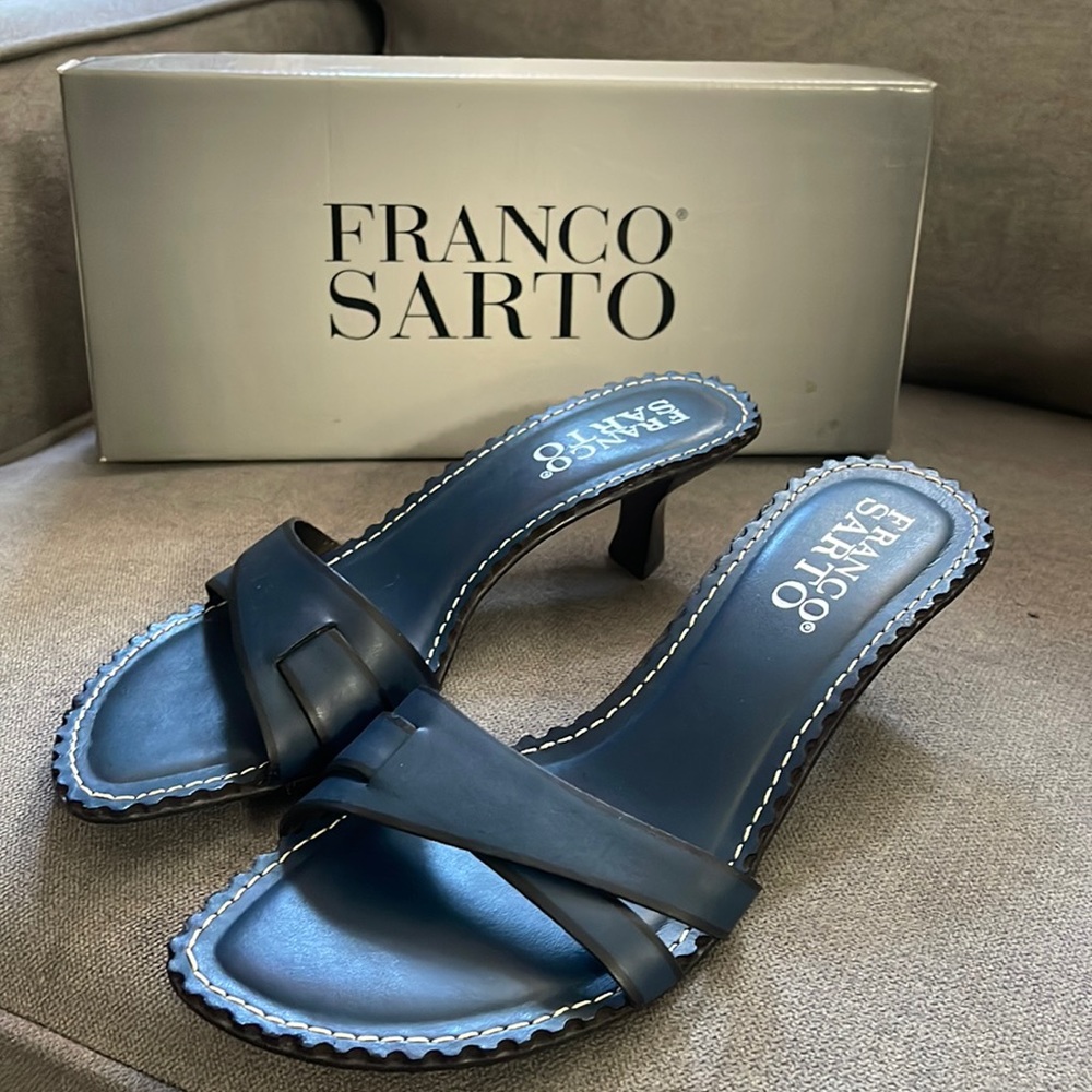 Blue and black kitten heel sandals.